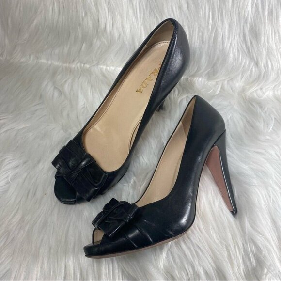 Prada Women's Black Minimalist Open Toe Bow Tie Designer Leather Pump EU 37.5 - Picture 1 of 11
